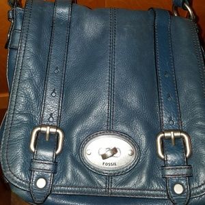 Fossil Dark Teal Blue Leather Crossbody Bag